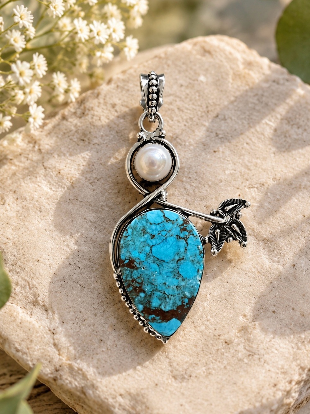 Teardrop Turquoise & Pearl Gemstone Sterling Silver 2.5” Pendant